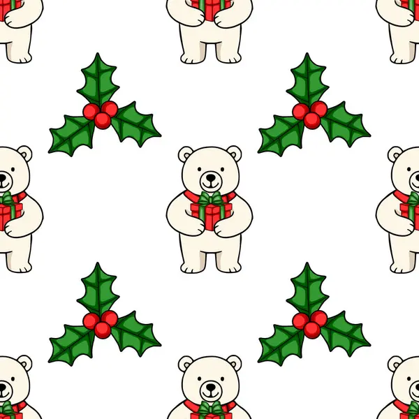 Sevimli kutup ayılarının Noel hediyeleri taşıdığı kusursuz bir vektör deseni, neşeli ve büyüleyici bir tatil tasarımı oluşturan, neşeli çoban püskülü karışımı..