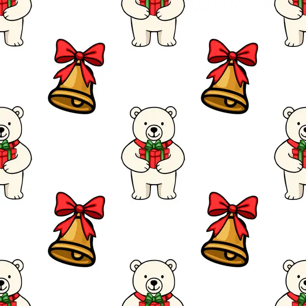 Noel hediyeleri taşıyan sevimli kutup ayılarının ve kırmızı kurdeleli altın çanların olduğu kusursuz vektör deseni, kış tatili için mükemmel neşeli bir tasarım oluşturuyor..