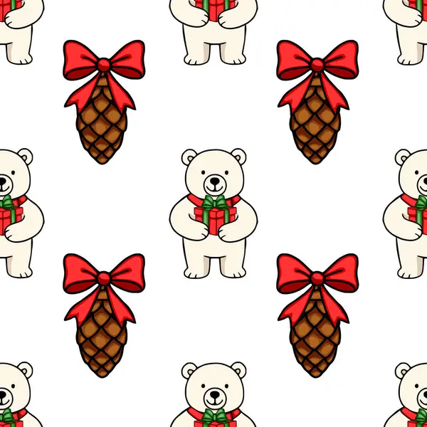 Sevimli kutup ayılarının kırmızı yaylarla süslenmiş hediyeler ve çam kozalakları taşıyarak neşeli ve neşeli bir kış tasarımı yarattıkları kusursuz bir Noel deseni..