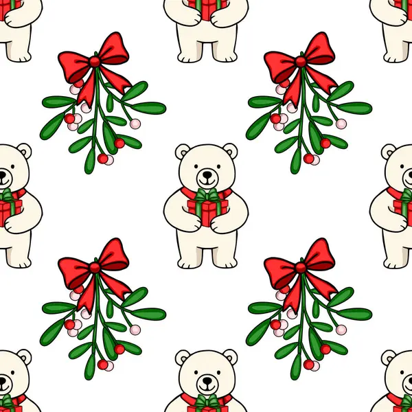 Sevimli kutup ayılarının hediyeler ve canlı kırmızı fiyonklarla süslenmiş ökseotu filizlerini içeren kusursuz bir vektör deseni büyüleyici bir Noel tasarımı yaratıyor..