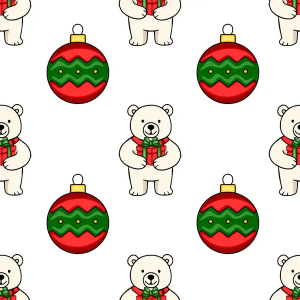 Sevimli kutup ayılarının hediyeler ve şenlikli kırmızı ve yeşil takılar taşıdığı kusursuz bir Noel şablonu. Bayram ambalaj kağıdı veya kış temalı tasarımlar için mükemmel..