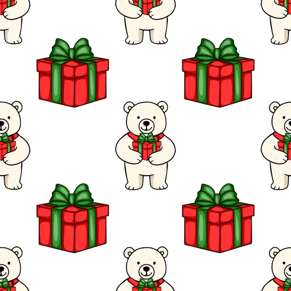 Noel hediyeleri taşıyan sevimli kutup ayılarının, kırmızı ve yeşil fiyonklu hediye kutularının bulunduğu kusursuz vektör desenleri, şenlikli arka planlar ve ambalajlar için ideal neşeli bir tatil tasarımı yaratıyor....