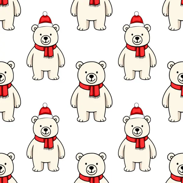 Noel Baba şapkaları ve kırmızı eşarplar takan sevimli kutup ayılarının kusursuz vektör desenleri, şenlikli Noel tasarımları ve kış temalı projeler için mükemmel..