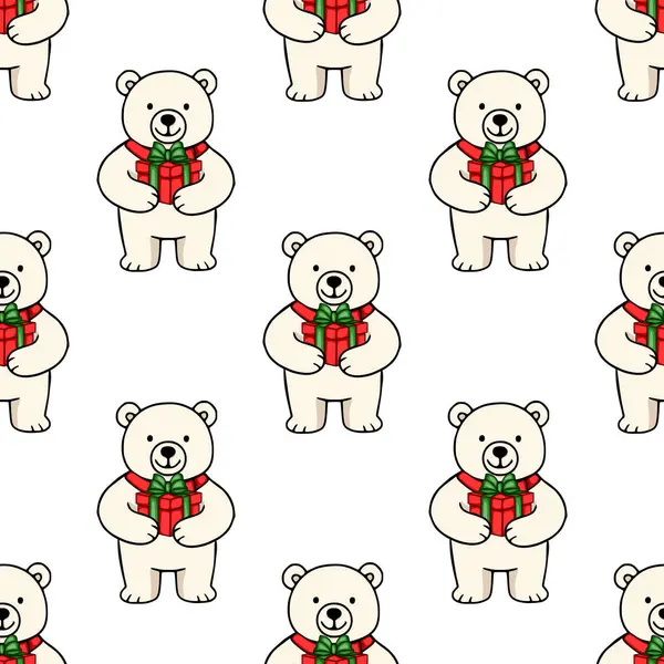 Noel hediyeleri taşıyan sevimli kutup ayılarının kusursuz vektör deseni, kırmızı ve yeşil aksanlı neşeli bir şenlik tasarımı, kış tatilleri için mükemmel..