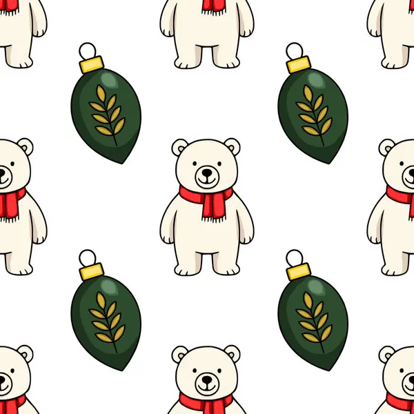 Kırmızı eşarp takan sevimli kutup ayıları ve altın yapraklı zarif koyu yeşil Noel süsleri içeren kusursuz vektör desenleri. Kış tatili tasarımları için mükemmel..