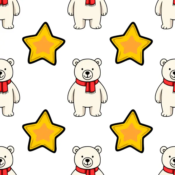 Kırmızı eşarplar takan ve neşeli sarı yıldızlar takan sevimli kutup ayılarını içeren kusursuz vektör deseni, çeşitli uygulamalar için mükemmel neşeli ve şenlikli bir kış tasarımı yaratıyor..