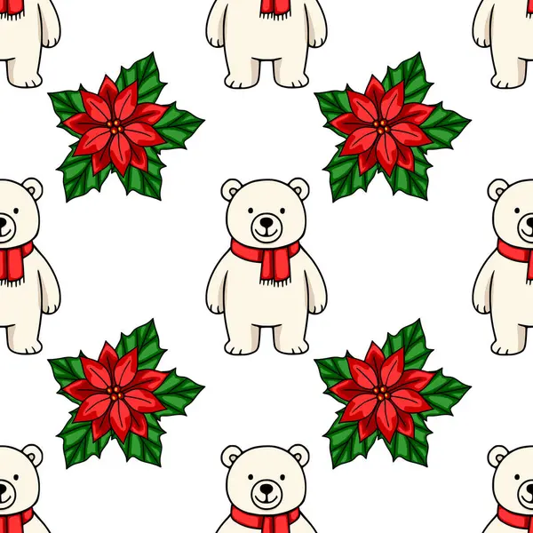 Canlı noktalı çiçeklerin arasında kırmızı eşarplar takan sevimli kutup ayılarının mükemmel bir Noel tasarımı yaratarak şenlikli arka planlar ve kış kutlamaları için mükemmel bir şenlik düzeni oluşturduğu kusursuz bir vektör deseni....