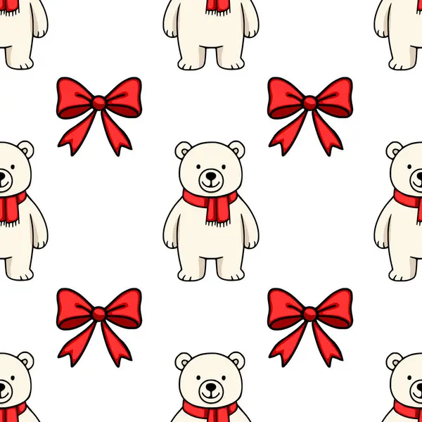 Kırmızı eşarplar ve şenlikli kırmızı fiyonklar takan sevimli kutup ayılarının mükemmel bir kış tatili tasarımı oluşturduğu kusursuz bir vektör deseni..