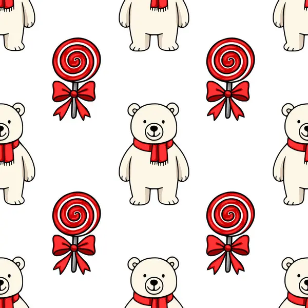 Kırmızı eşarplı ve kıvrımlı kırmızı lolipoplu sevimli kutup ayılarını içeren kusursuz vektör deseni neşeli ve şen şakrak bir kış tasarımı yaratıyor..