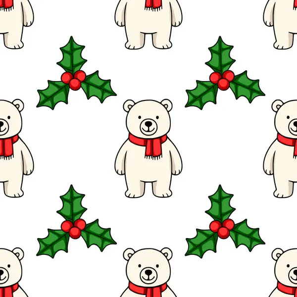 Kırmızı eşarp takan sevimli kutup ayıları ve bayram meyveleri içeren kusursuz bir vektör deseni. Kış tatili ve Noel tasarımları için mükemmel..