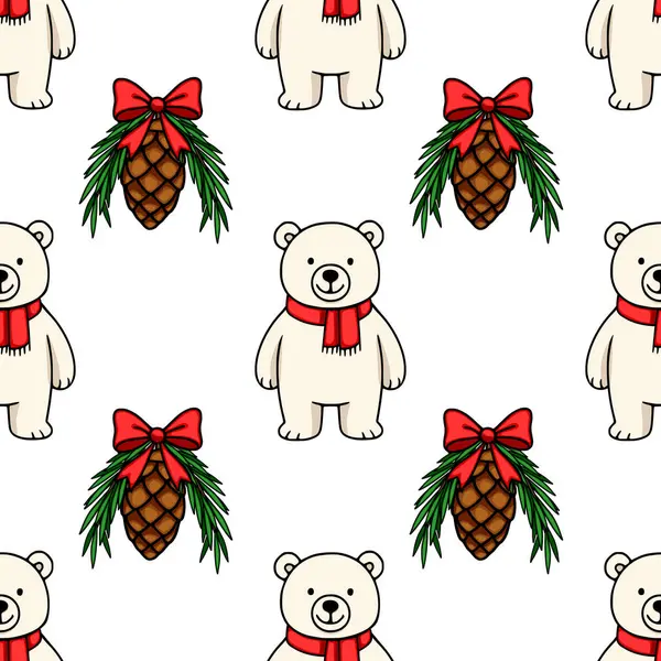 Kırmızı eşarp takan ve kırmızı kurdelelerle süslenmiş çam kozalakları takan sevimli kutup ayılarının mükemmel bir Noel tasarımı oluşturduğu kusursuz bir vektör deseni..
