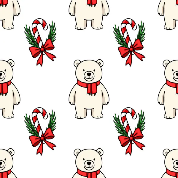 Kırmızı eşarplı şirin kutup ayıları ve yay takan şeker kamışları kış tatili ve Noel tasarımları için mükemmel..