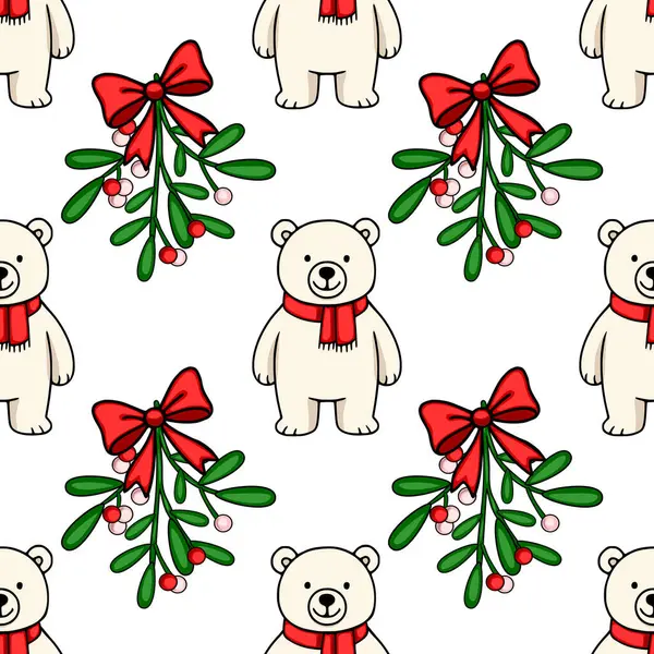 Kırmızı eşarplı sevimli kutup ayıları ve kırmızı fiyonklu şenlikli ökse otu filizlerini içeren kusursuz bir vektör deseni büyüleyici bir Noel tasarımı oluşturuyor..