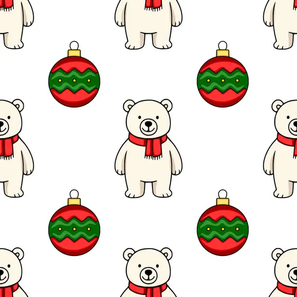 Kırmızı eşarplı ve şenlikli Noel süsleri takan sevimli kutup ayılarını içeren kusursuz vektör deseni, kış tatili tasarımları için mükemmel..