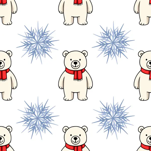 Şekillendirilmiş kar tanelerinin arasında kırmızı eşarplar takan sevimli kutup ayılarının mükemmel bir kış harikalar diyarı tasarımı oluşturduğu kusursuz vektör deseni..