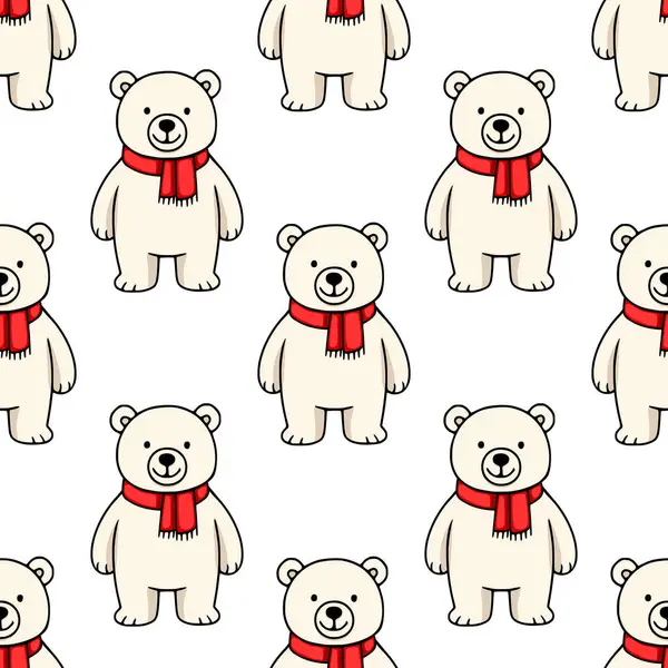 Kırmızı eşarp takan sevimli kutup ayılarının kusursuz vektör deseni. Kış tatili ya da çocuk tasarım projeleri için mükemmel..