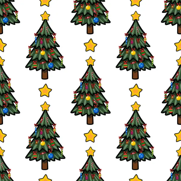 Renkli süsler, şeker kamışları ve yıldızlarla süslenmiş biçimlendirilmiş Noel ağaçlarının kusursuz vektör deseni neşeli ve şen bir kış tatili tasarımı yaratıyor..