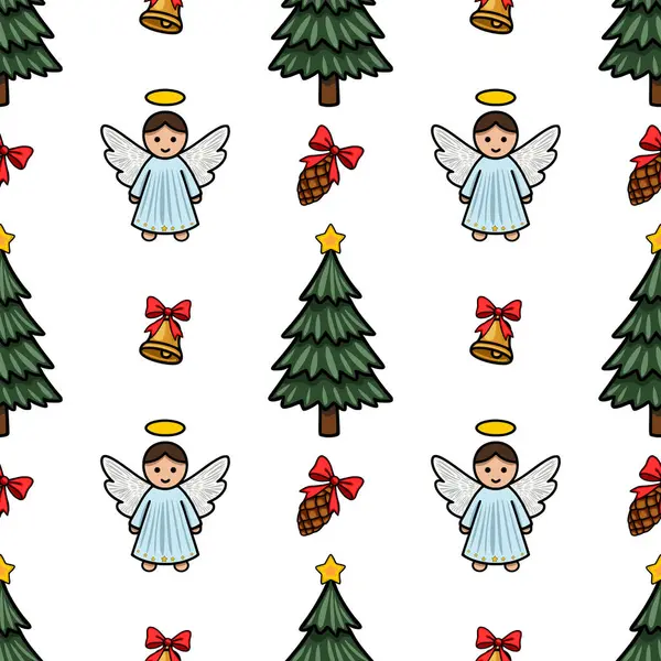 Tapılası meleklerin, Noel ağaçlarının, çanların, kozalakların ve yayların olduğu kusursuz bir vektör deseni var. Bayram tasarımları ve kış tatilleri için mükemmel..