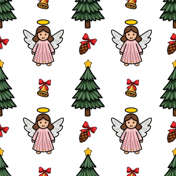 Şirin melekler, köknar ağaçları, çanlar, çam kozalakları ve yıldızlar içeren kusursuz bir Noel deseni. Şenlik tasarımları ve kış tatilleri için mükemmel..