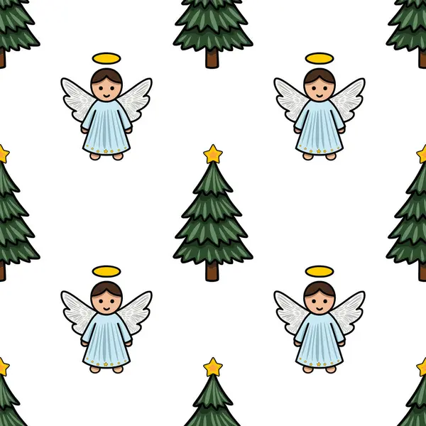 Kusursuz vektör desenli, açık mavi cüppeli, sarı yıldızlarla süslenmiş büyüleyici yeşil Noel ağaçlarıyla süslenmiş sevimli çizgi film meleklerine sahip..