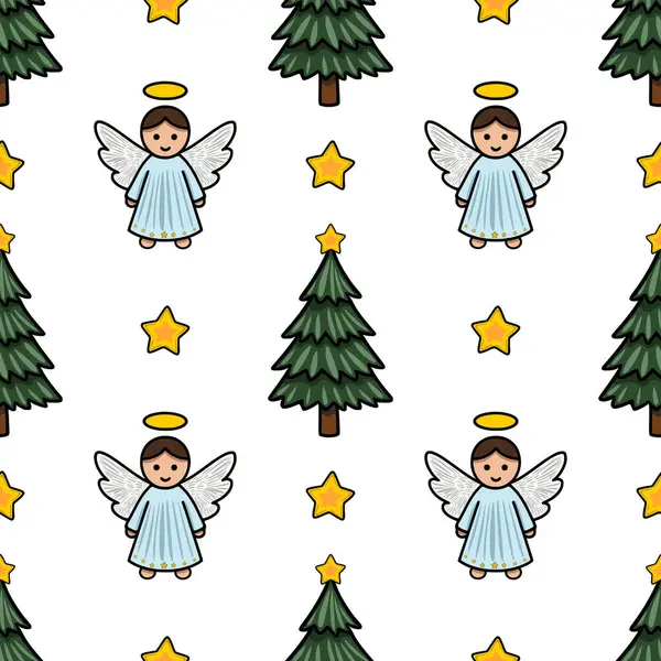 Tatlı meleklerin, köknar ağaçlarının ve altın yıldızların yer aldığı kusursuz bir Noel deseni, şenlikli tasarımlar ve kış tatilleri için ideal..