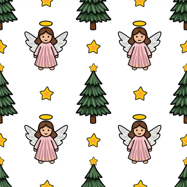 Sevimli meleklerin, Noel ağaçlarının ve yıldızların yer aldığı kusursuz vektör desenleri, şenlikli tasarımlar ve kış tatilleri için mükemmel..