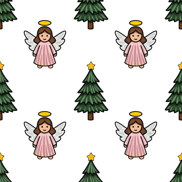 Pembe elbiseli ve büyüleyici köknar ağaçlı sevimli meleklerin yer aldığı kusursuz Noel deseni, tatil projeleri için mükemmel şenlikli ve kaprisli bir tasarım yaratıyor..