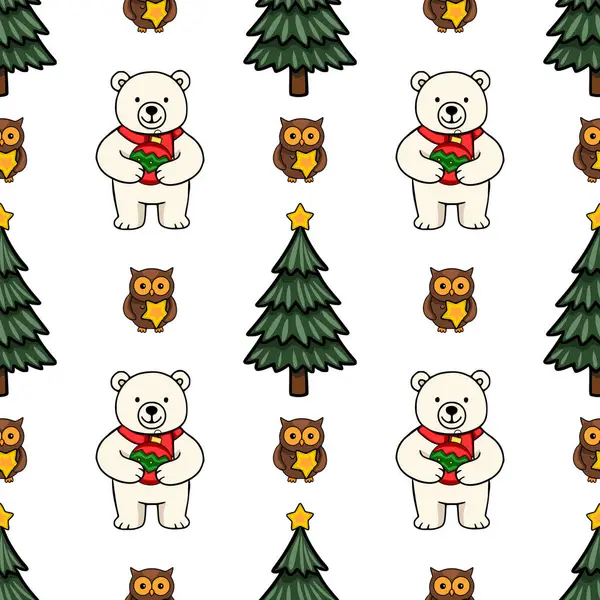 Güzel kutup ayılarının süsleri, baykuşların yıldızlarla ve baykuşların yemyeşil ağaçlarla süslenip büyüleyici bir kış harikalar diyarı tasarımı oluşturduğu kusursuz bir Noel deseni..