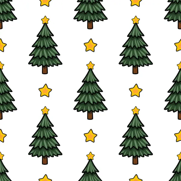 Altın yıldızlı biçimlendirilmiş Noel ağaçlarının kusursuz vektör deseni, şenlikli kış tasarımları ve tatil geçmişleri için mükemmel..