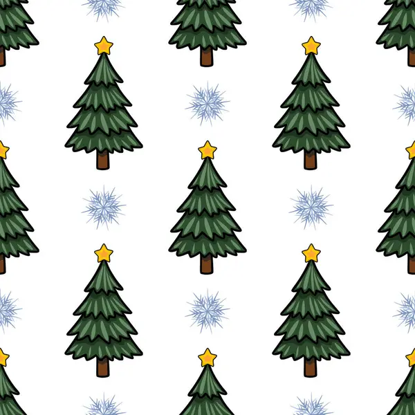 Altın yıldızlarla süslenmiş ve el değmemiş beyaz bir zemin üzerinde narin kar taneleriyle süslenmiş biçimlendirilmiş Noel ağaçlarını içeren kusursuz bir vektör deseni, şenlikli tasarımlar için ideal..