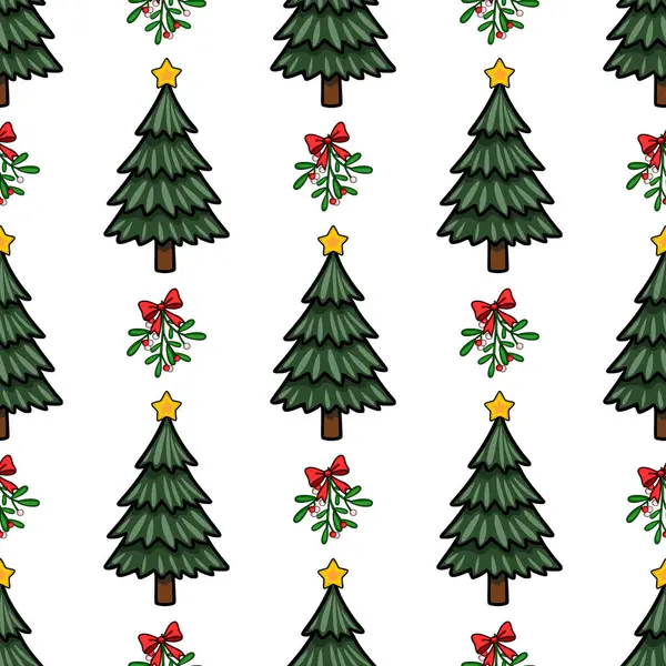 Sarı yıldızlarla süslenmiş, kırmızı kurdeleli ökse otu dallarıyla süslenmiş, neşeli ve şen şakrak bir kış tasarımı yaratan kusursuz Noel ağacı deseni..