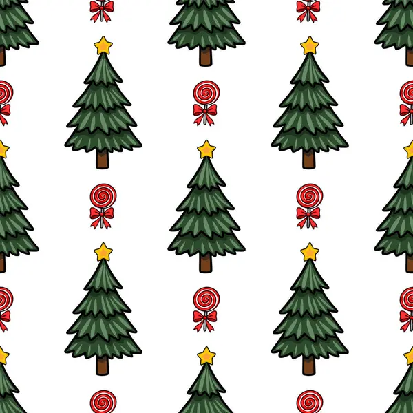 Sarı yıldızlarla süslenmiş biçimlendirilmiş Noel ağaçlarını içeren kusursuz bir vektör deseni ve yanında kırmızı fiyonklu lolipoplar, neşeli ve neşeli bir kış tasarımı yaratıyor..