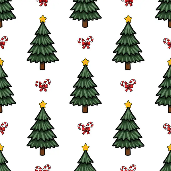 Sarı yıldızlarla süslenmiş, kırmızı yaylarla bağlanmış şeker kamışlarıyla tamamlanmış, stilize edilmiş Noel ağaçlarını içeren kusursuz vektör deseni, şenlikli bir kış tasarımı yaratıyor..