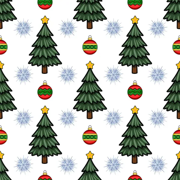 Şıklaştırılmış Noel ağaçları, kar taneleri ve süsleri neşeli, karikatür tarzında, şenlikli tasarımlar ve kış kutlamaları için mükemmel..