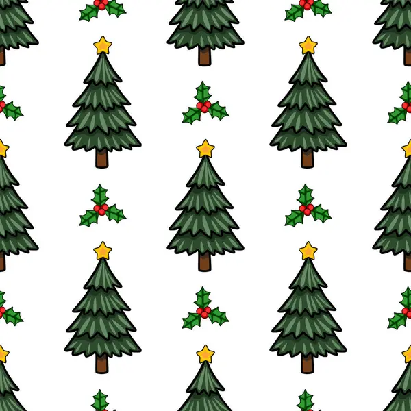 Altın yıldızlı ve kutsal meyveli biçimlendirilmiş Noel ağaçlarının kusursuz vektör deseni kış tatili için mükemmel neşeli bir tasarım yaratıyor..