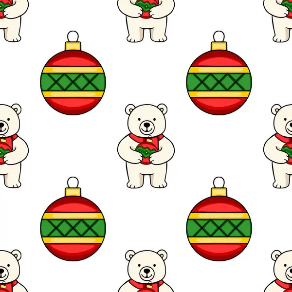 Noel süsleri taşıyan sevimli kutup ayılarını içeren kusursuz vektör deseni tatil temalı projeler için büyüleyici ve şenlikli bir kış tasarımı yaratıyor..