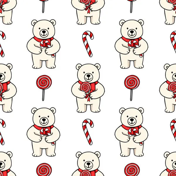 Kırmızı eşarplı sevimli kutup ayıları, lolipoplar ve şeker kamışları taşıyan kusursuz vektör deseni neşeli ve şenlikli bir kış tasarımı yaratıyor..