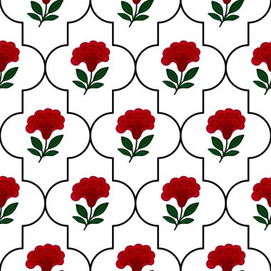 Şekillendirilmiş kırmızı çiçek cresta de gallo ve dört katlı folyo çerçeve içinde yapraklar içeren zarif, pürüzsüz bir desen, çeşitli uygulamalar için sofistike ve modern bir tasarım yaratıyor..