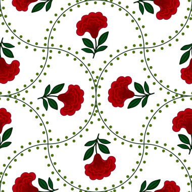 Biçimlendirilmiş kırmızı çiçekli kusursuz vektör deseni cresta de gallo ve zeytin yeşili noktalar, beyaz arkaplanda eşsiz dairesel bir motifle düzenlenmiş, canlı ve zarif bir tasarım yaratıyor..