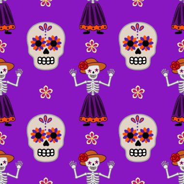 Calavera Catrinas, geleneksel giysiler içinde iskeletler ve renkli çiçek unsurları içeren canlı vektörsüz desen zengin mor bir arka plana karşı, Ölüler Günü kutlamaları için mükemmel..