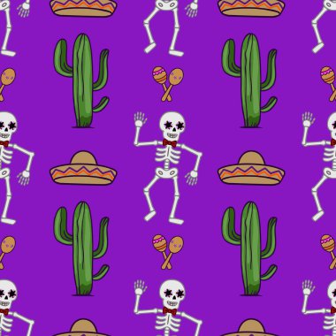 Canlı mor arka planda dans eden iskeletler, kaktüsler, sombrerolar ve marakalar içeren ölü vektörlerin şenlikli günü, tekstil baskıları veya tatil tasarımları için mükemmel..