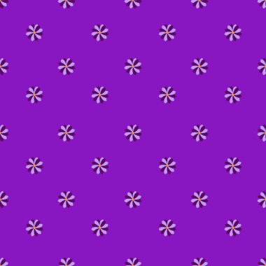 Sarı merkezli biçimlendirilmiş mor çiçeklerin kusursuz vektör deseni, canlı mor bir arka planda düzenli olarak düzenlenmiş, minimalist ama büyüleyici bir tasarım sunuyor..