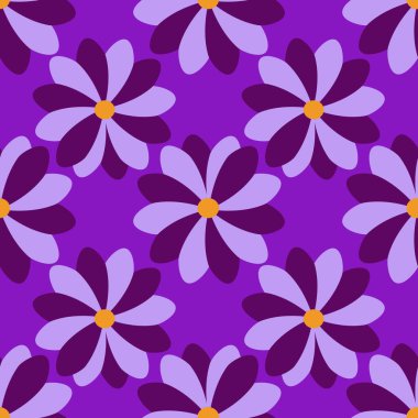 Canlı bir menekşe arkaplan üzerinde biçimlendirilmiş mor ve lavanta çiçekleri ile kusursuz vektör deseni, modern, eğlenceli estetik için eşsiz bir düz tasarım ve organik şekiller karışımı içerir..