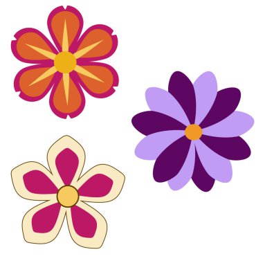 Canlı turuncu, mor ve pembe renkli üç çiçeğin vektör çizimi, cesur şekiller ve zıt renk paletleri, oyuncu bir dokunuşa ihtiyaç duyan tasarım projeleri için ideal....