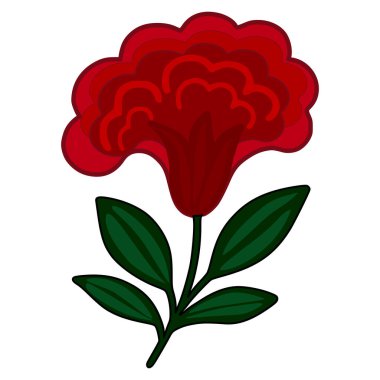 Koyu yeşil yapraklı, kırmızı bir selosya çiçeğinin biçimlendirilmiş vektör çizimi, eşsiz katmanlı taç yaprağı tasarımı ve koyu renk kontrastı.