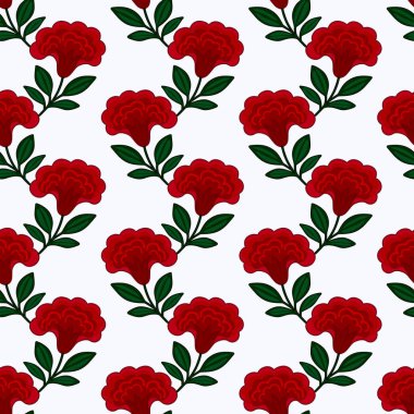 Tarzlı kırmızı çiçekleri olan kusursuz vektör deseni cresta de gallo ve beyaz arka planda yeşil yapraklar, canlı ve zarif bir çiçek tasarımı yaratıyor..