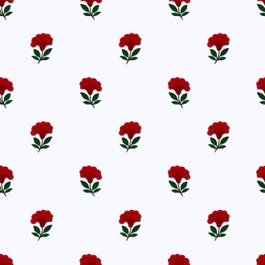 Biçimlendirilmiş kırmızı çiçekli kusursuz vektör deseni cresta de gallo ve beyaz zemin üzerinde yeşil yapraklar, tekstil tasarımı veya ambalaj kağıdı için ideal.