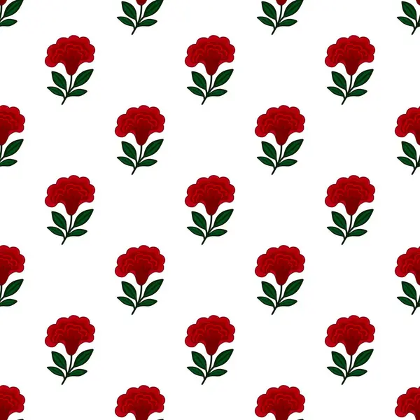 Beyaz arka planda koyu yeşil yapraklı, biçimlendirilmiş kırmızı celosia çiçeklerinin kusursuz vektör deseni, tekstil baskıları veya duvar kağıtları için idealdir.