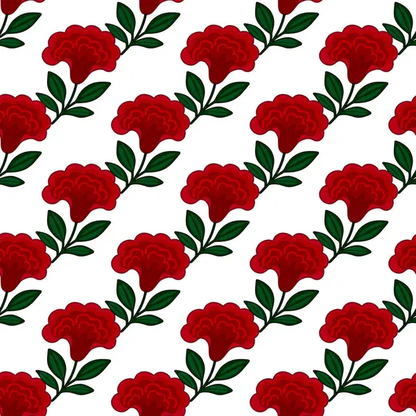 Beyaz arka planda koyu yeşil yaprakları olan, biçimlendirilmiş kırmızı selosya çiçeklerinin kusursuz vektör deseni canlı ve zarif bir çiçek tasarımı yaratıyor..