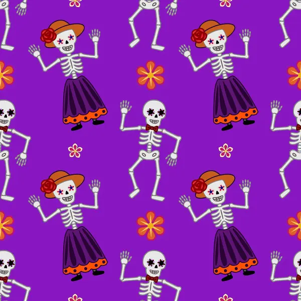Pürüzsüz vektör deseni canlı mor dans iskeletleri, çiçekli detaylar ve geleneksel Meksika kıyafetleriyle süslenmiş, Ölüler Günü kutlamaları için mükemmel..